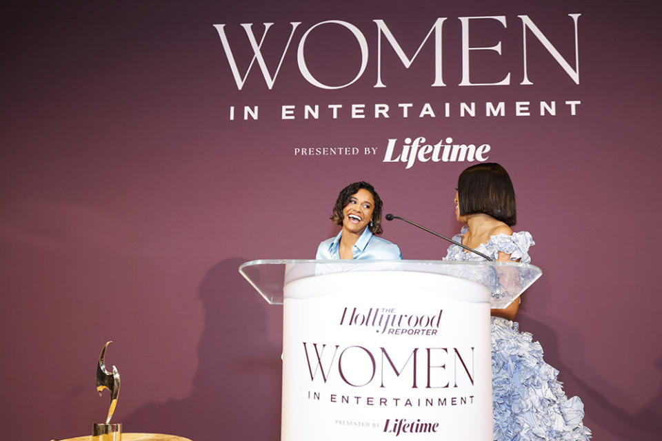 (L-R) Ariana DeBose and Kerry Washington speak onstage during The Hollywood Reporter's Women in Entertainment 2023 at The Beverly Hills Hotel on December 07, 2023 in Los Angeles, California.