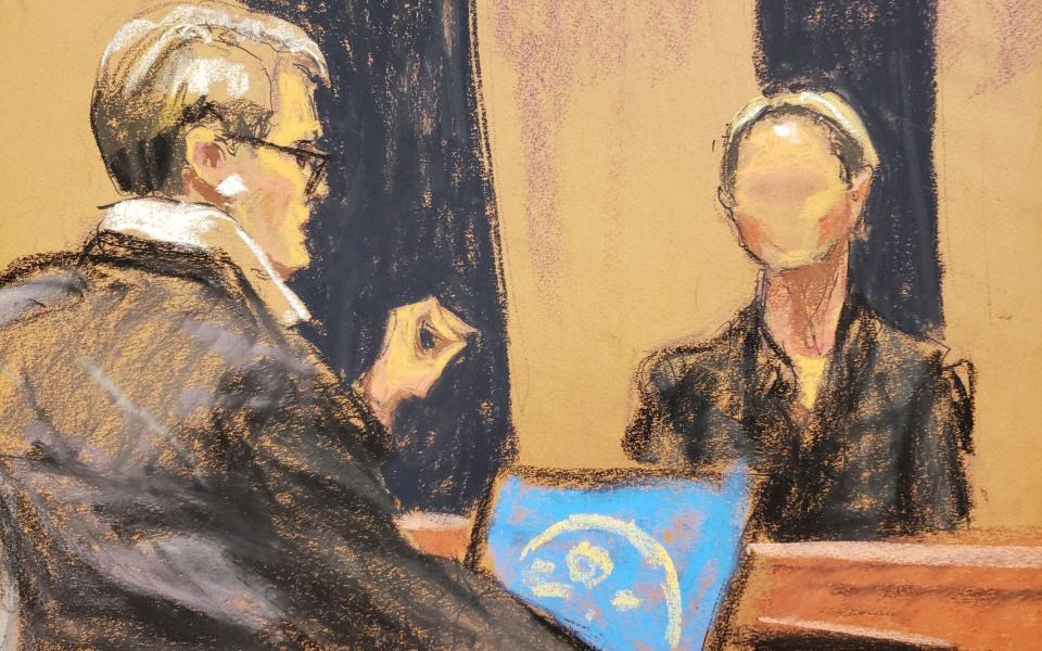 Witness "Kate" is cross-examined by defense attorney Bobbi Sternheim during the trial of Ghislaine Maxwell, the Jeffrey Epstein associate accused of sex trafficking, in a courtroom sketch in New York City, U.S., December 6, 2021. - Jane Rosenberg/Reuters