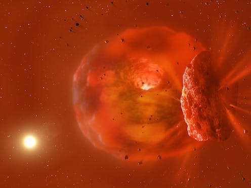 <span class="caption">A visualisation of the huge, glowing planetary body produced by a planetary collision.</span> <span class="attribution"><a class="link " href="https://www.eurekalert.org/multimedia/1001427" rel="nofollow noopener" target="_blank" data-ylk="slk:Mark Garlick;elm:context_link;itc:0;sec:content-canvas">Mark Garlick</a>, <span class="license">Author provided</span></span>