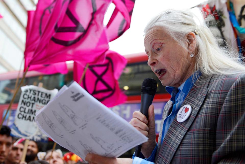 Vivienne Westwood speaking at an Extinction Rebellion protest in London.