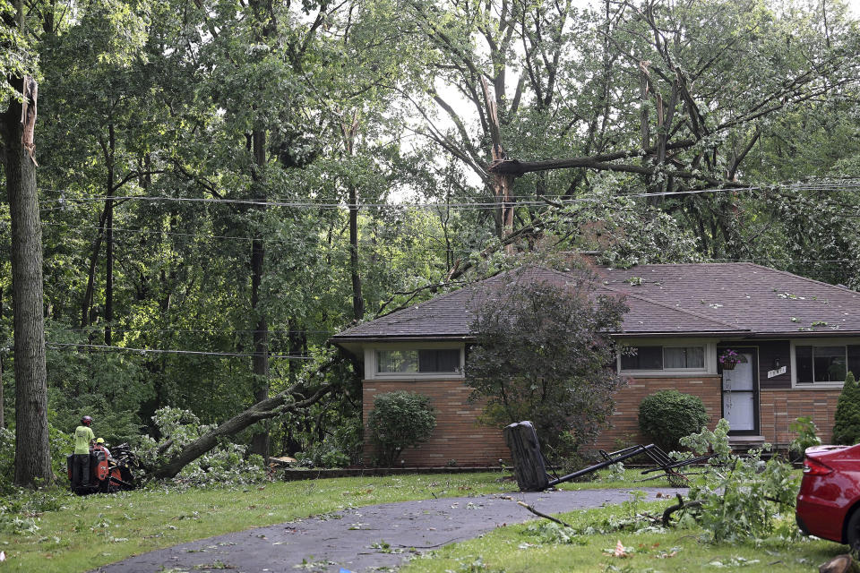 Workers remove parts of trees at a home on Hubbard Street after a storm in Livonia, Mich., Wednesday, June 5, 2024. (Robin Buckson/Detroit News via AP)