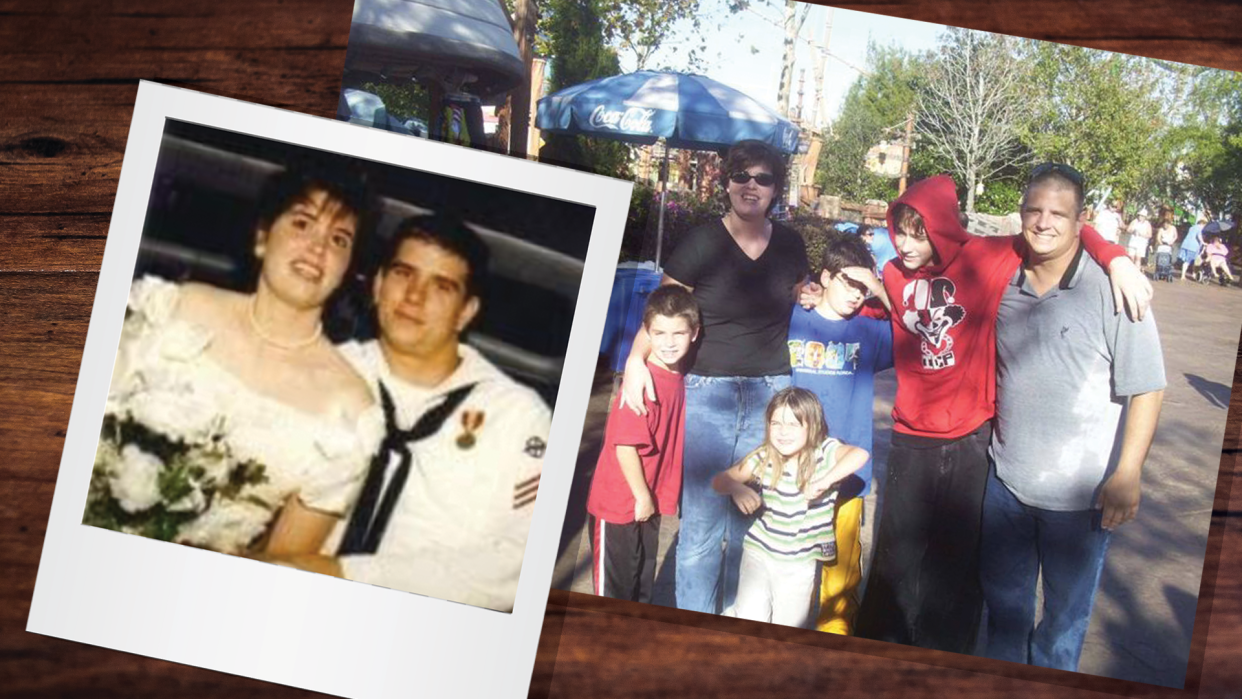 A photo of Tia Willin holding a bouquet and leaning against her husband in uniform, and a group photo of them with their four children outdoors.