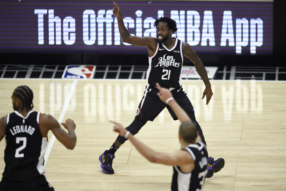 Los Angeles Clippers guard Patrick Beverley reacts after making 3-point basket during the second half against the Utah Jazz in an NBA basketball game in Los Angeles, Friday, Feb. 19, 2021. (AP Photo/Kelvin Kuo)