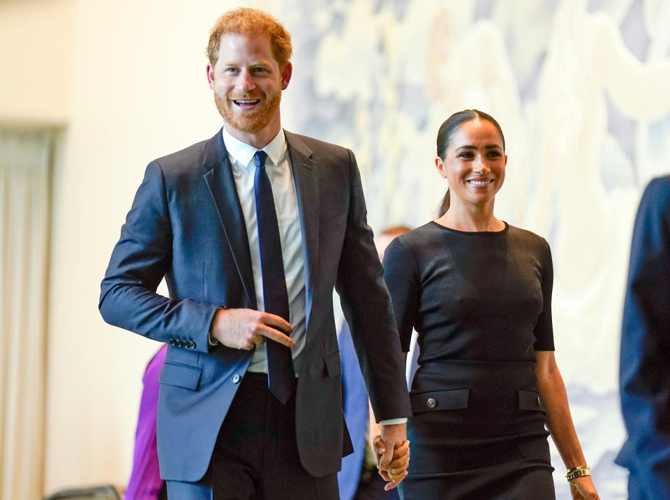 <p>Prince Harry and Meghan Markle sport big smiles on July 18 while arriving to observe Nelson Mandela Day at the United Nations in N.Y.C. </p>