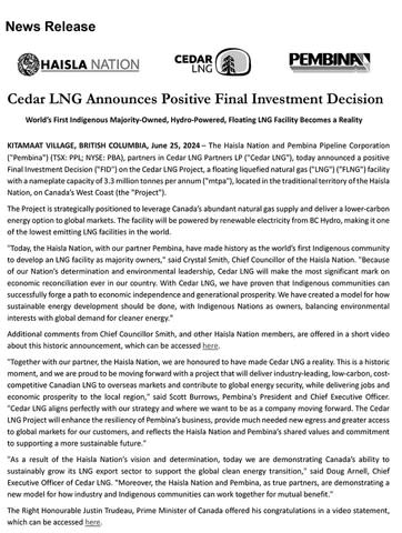 Cedar LNG Announces Positive Final Investment Decision