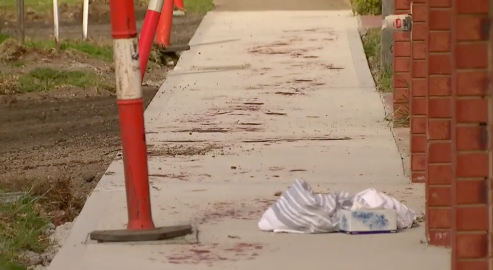 A stretch of pavement covered in blood from the stabbings. Source: Nine News