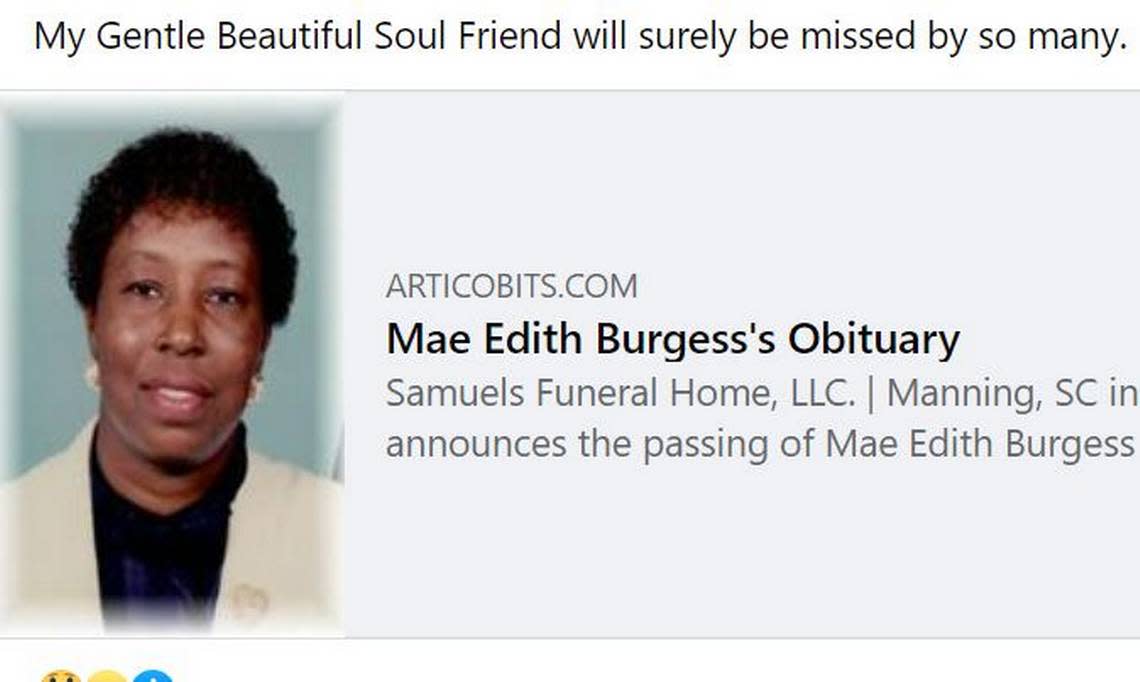Obituary for Mae Burgess. Facebook Screen Grab