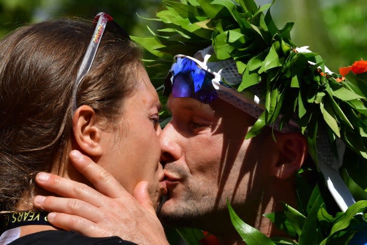 Patrick Lange proposed after winning the 2018 Ironman World Championship. Photo: Donald Miralle/Ironman