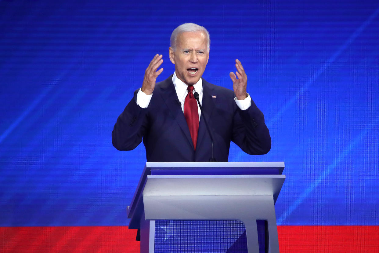 Former Vice President Joe Biden speaks during the Democratic presidential debate in Houston on Thursday. (Photo by Win McNamee/Getty Images)