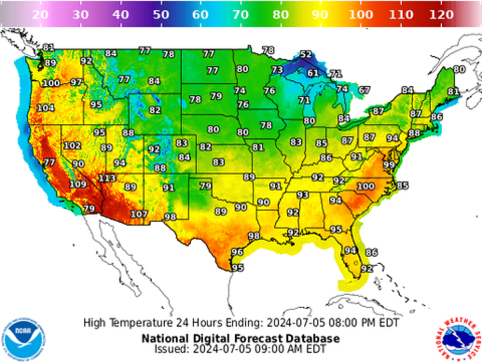 Friday’s temperatures hit triple digits along the West Coast (NWS)