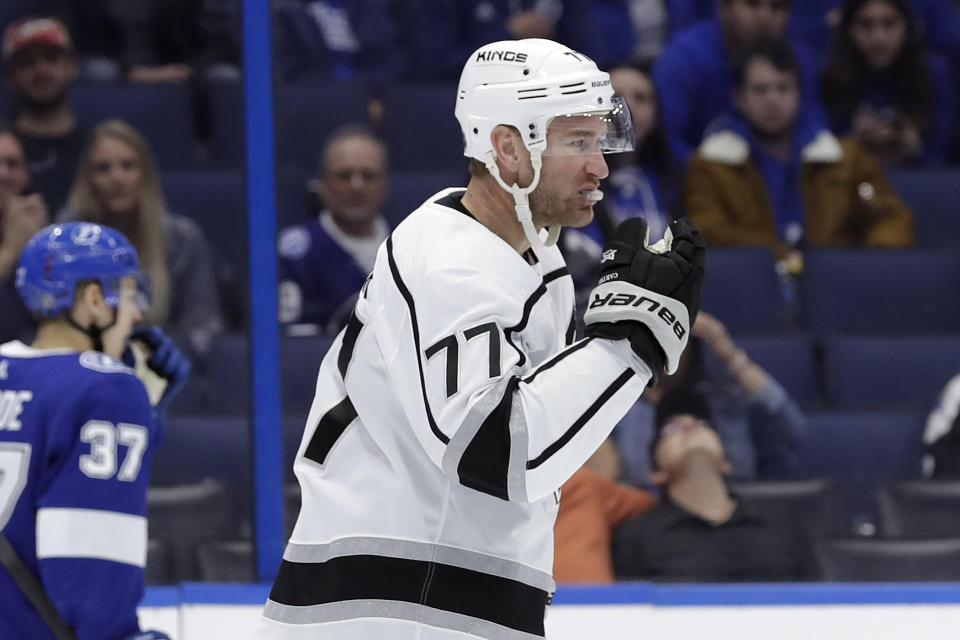 Los Angeles Kings center Jeff Carter (77) celebrates his goal against the Tampa Bay Lightning during the first period of an NHL hockey game Tuesday, Jan. 14, 2020, in Tampa, Fla. (AP Photo/Chris O'Meara)