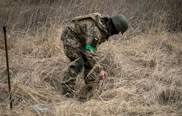 PHOTO: A member of a bomb disposal squad works in a mine field near Brovary, northeast of Kyiv, Ukraine, April 14, 2022. (Fadel Senna/AFP via Getty Images)