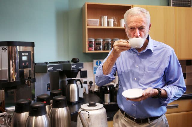 Jeremy Corbyn has a cup of tea as he meets pensioners in Kirkcaldy