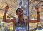 Ghirmay Ghebreslassie of Eritrea crosses the finish line to win the men's field of the 2016 New York City Marathon in Central Park in the Manhattan borough of New York City, New York, U.S. November 6, 2016. REUTERS/Mike Segar