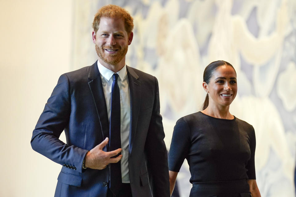 FILE - Prince Harry and Meghan Markle arrive at United Nations headquarters, Monday, July 18, 2022. A spokesperson for Prince Harry and his wife Meghan says the couple were involved in a car chase while being followed by photographers. The couple’s office says the pair and Meghan’s mother were followed for more than two hours by a half-dozen vehicles after leaving a charity event in New York on Tuesday, May 16, 2023. (AP Photo/Seth Wenig, File)