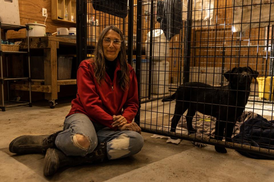 Laura Finley, who oversees Rescue Ranch's sanctuary in Northern California's Siskiyou County, visits with rescued puppy Pudge.