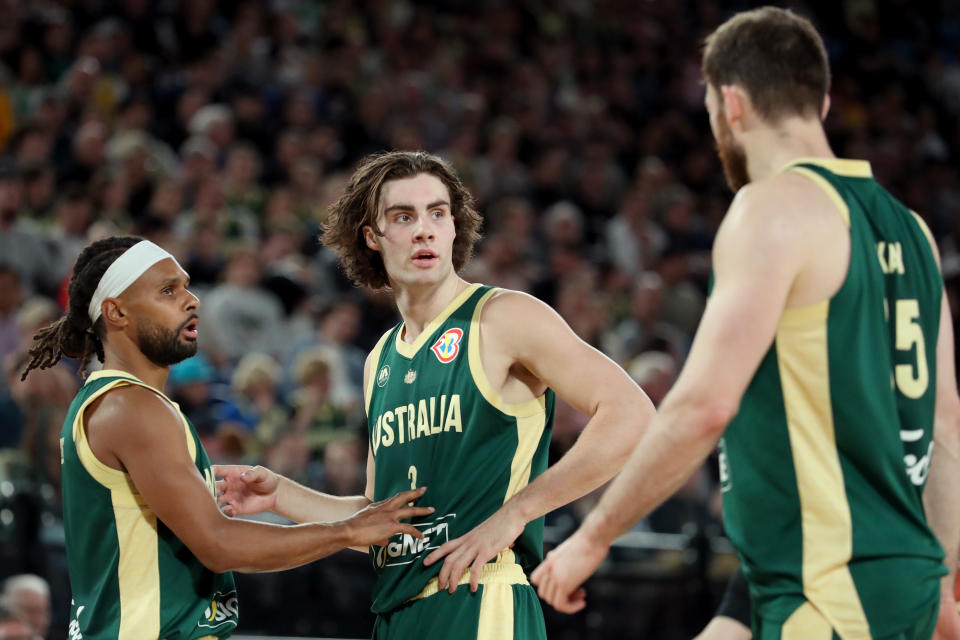 MELBOURNE, AUSTRALIA – AUGUST 16: Patty Mills and Josh Giddey of Australia react during the match between the Australia Boomers and Brazil at Rod Laver Arena on August 16, 2023 in Melbourne, Australia. (Photo by Kelly Defina/Getty Images)