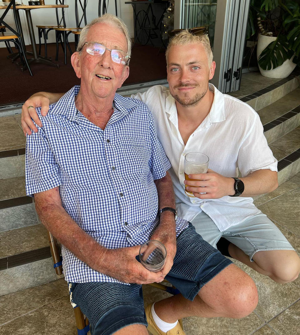 Home and Away star Patrick O'Connor with an older relative drinking beer