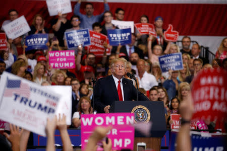 U.S. President Donald Trump holds a Make America Great Again rally at Nashville Municipal Auditorium in Nashville, Tennessee, U.S., May 29, 2018. REUTERS/Leah Millis