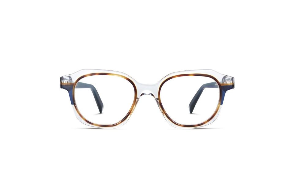 Warby Parker "Darrow" crystal with oak barrel and blue bay glasses