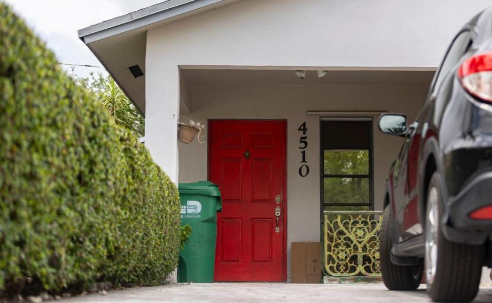 A view of the entrance to a home located on the 4500 block of Southwest 137th Court in Kendale Lakes on Monday, June 3, 2024, in Miami, Fla. Four bodies were found inside the home on Sunday, June 2, 2024, Miami-Dade police said.