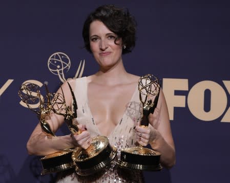 71st Primetime Emmy Awards - Photo Room – Los Angeles, California, U.S., September 22, 2019 - Phoebe Waller-Bridge poses backstage with her Outstanding Leading Actress in a Comedy Series and Outstanding Writing for a Comedy Series awards for “Fleabag??