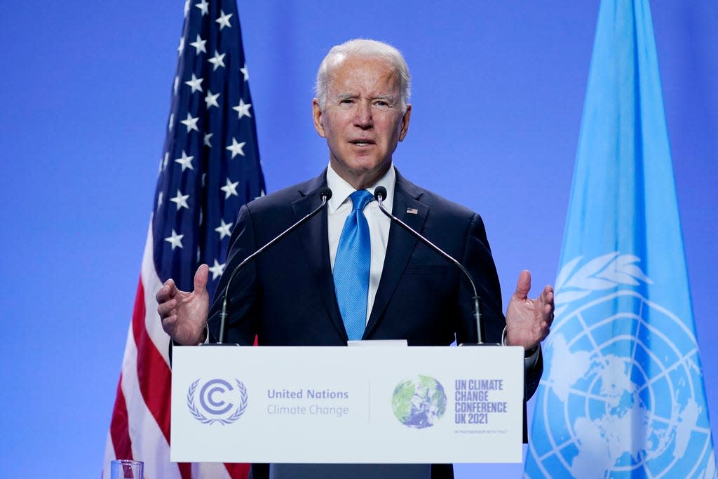 President Joe Biden speaks during a news conference at the COP26 U.N. Climate Summit, Tuesday, Nov. 2, 2021, in Glasgow, Scotland.