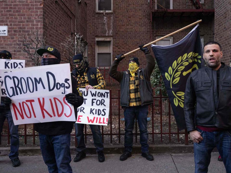 Proud Boys protest at a drag story hour in Jackson Heights, Queens, on December 29, 2022.