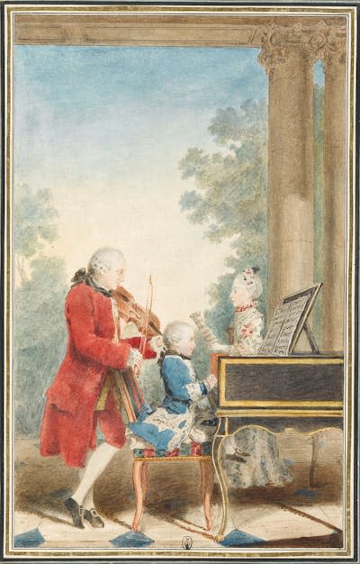 Retrato de Wolfgang Amadeus Mozart, Nannerl Mozart y su padre, por Louis Carrogis 'Carmontelle'.
