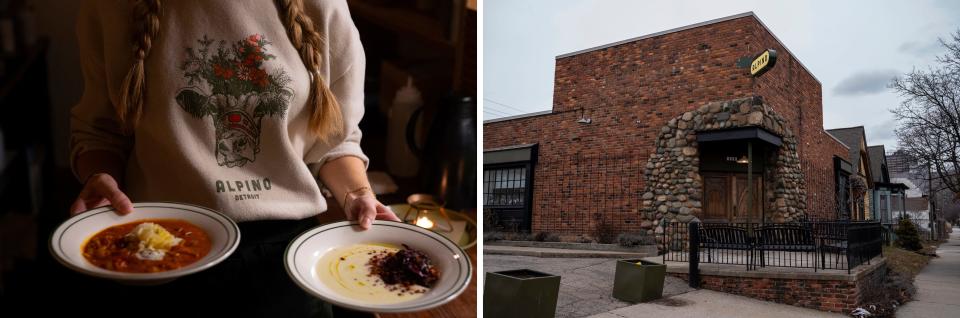 LEFT: Server Cam Vaubel carries food orders from the kitchen at Alpino in Detroit's Corktown neighborhood on Friday, February 16, 2024. The restaurant focuses on a cuisine inspired by the Alps and does so in a warm, elegant environment paired with excellent hospitality. RIGHT: Alpino in Detroit's Corktown neighborhood.