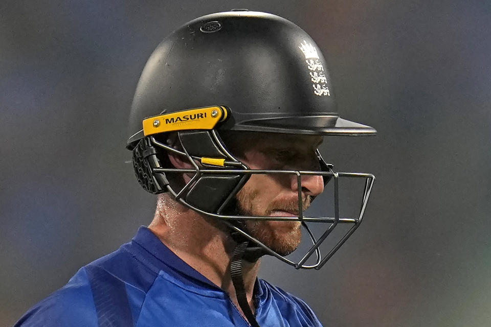England's captain Jos Buttler walks off the field after losing his wicket during the ICC Men's Cricket World Cup match between India and England in Lucknow, India, Sunday, Oct. 28, 2023. (AP Photo/Aijaz Rahi)