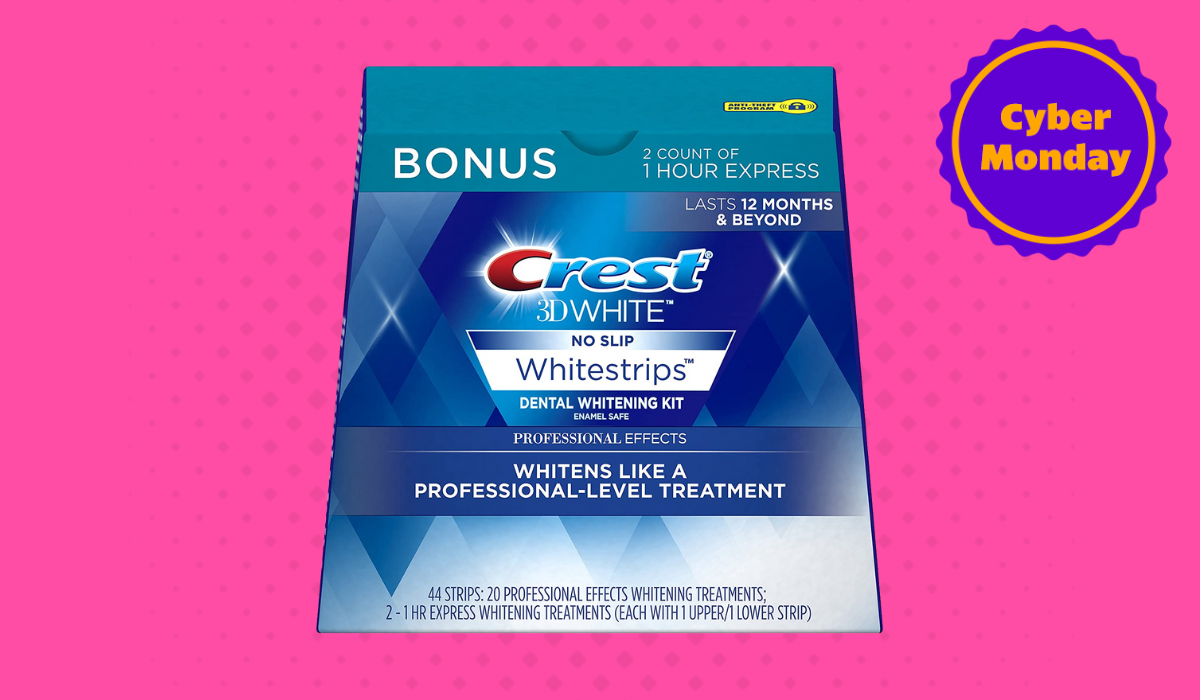 A photo of Crest Whitestrips on a pink background with a Cyber Monday badge in the corner.