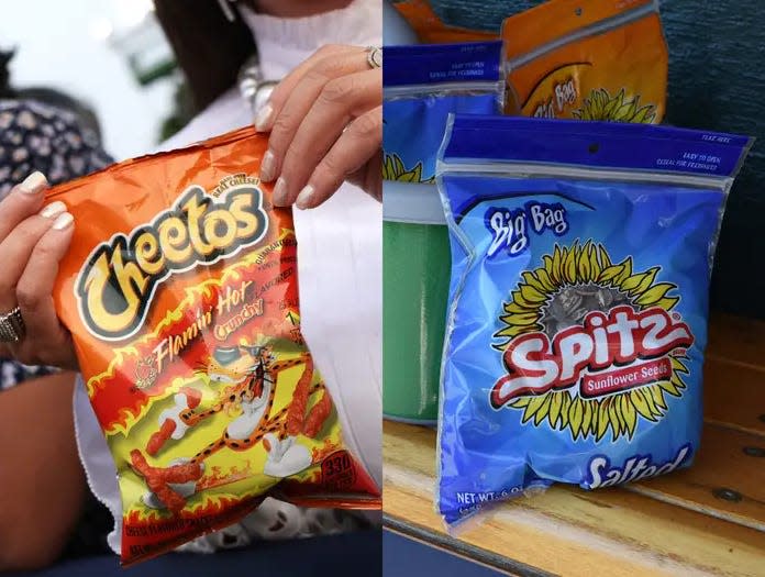 Side-by-side images of Flaming Hot Cheetos and sunflower seeds.