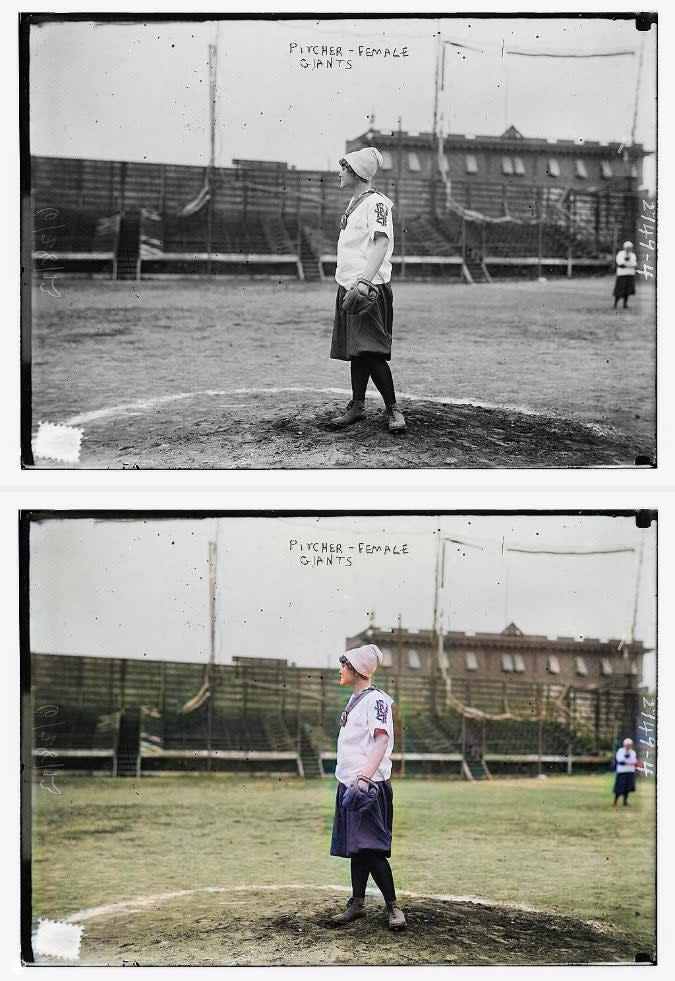 Two black-and-white photos, displayed side by side, show a female pitcher for the Female Giants baseball team standing on a pitcher's mound on the field