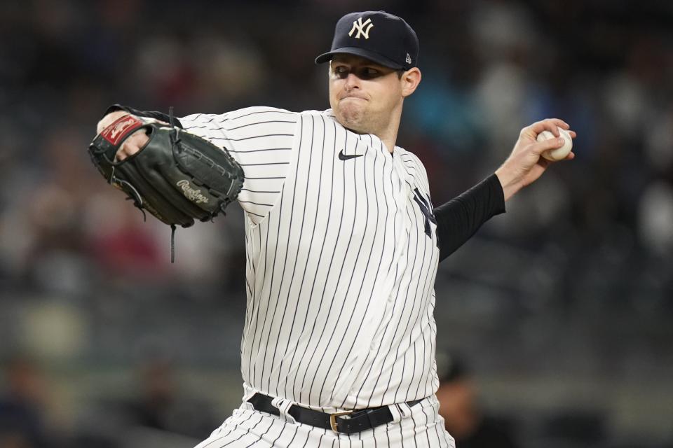 New York Yankees' Jordan Montgomery delivers a pitch during the third inning of a baseball game against the Texas Rangers Tuesday, Sept. 21, 2021, in New York. (AP Photo/Frank Franklin II)