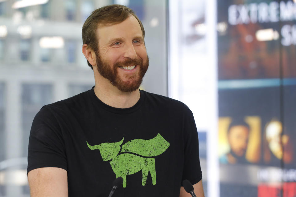 Ethan Brown, CEO of Beyond Meat, attends the Opening Bell ceremony to celebrate the company's IPO at Nasdaq, Thursday, May 2, 2019 in New York. California-based Beyond Meat makes burgers and sausages out of pea protein and other ingredients. (AP Photo/Mark Lennihan).