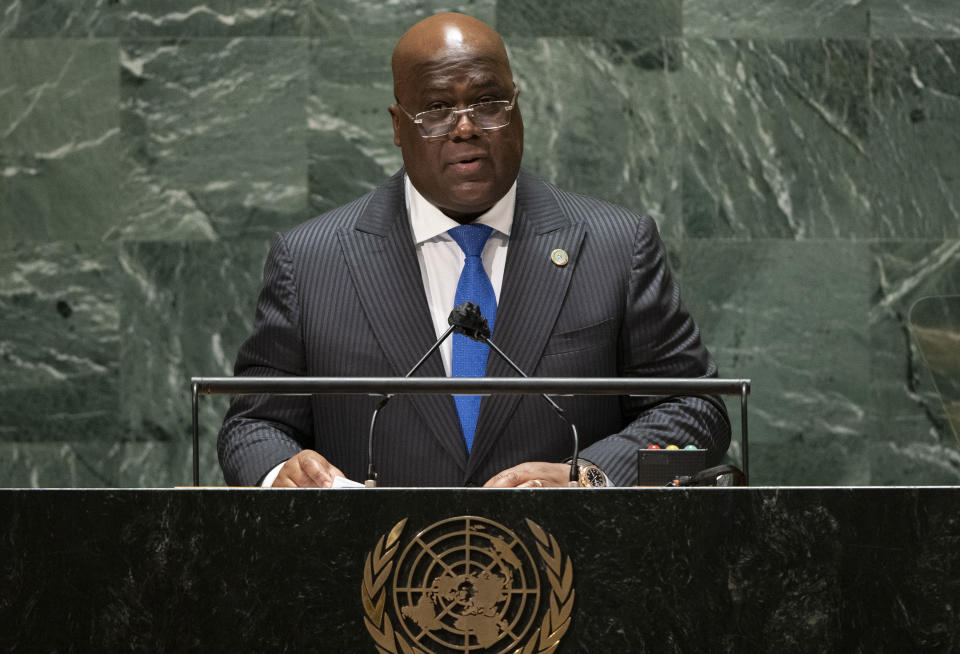 Democratic Republic of Congo President Felix Tshisekedi addresses the 76th Session of the U.N. General Assembly, Tuesday, Sept. 21, 2021. (Eduardo Munoz/Pool Photo via AP)