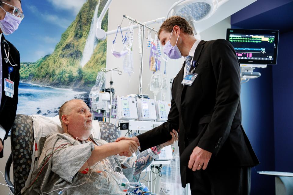 Handout photo of Marty Kedian with Dr. David Lott at the Mayo Clinic in Phoenix, Arizona after the third successful total larynx transplant surgery ever performed in the U.S.