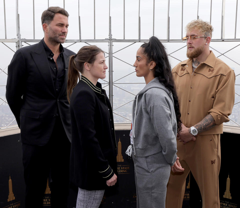 NEW YORK, NEW YORK - APRIL 26: (L-R) Eddie Hearn, Katie Taylor, Amanda Serrano and Jake Paul attend Light the Empire State Building in advance of the World Female Lightweight Titles from Madison Square Garden at The Empire State Building on April 26, 2022 in New York City. (Photo by Michael Loccisano/Getty Images for Empire State Realty Trust)