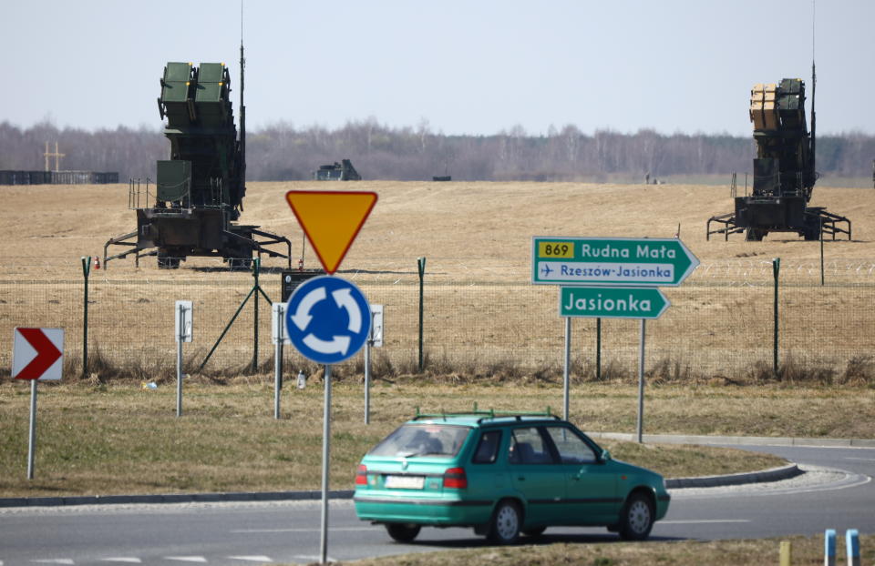 U.S. Army MIM-104 Patriots, surface-to-air missile system launchers, are pictured at Rzeszow-Jasionka Airport on March 24, 2022.