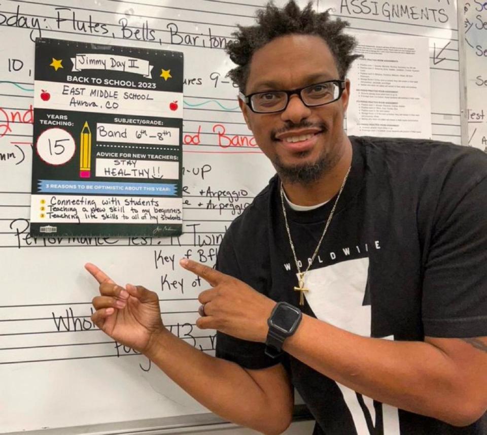 PHOTO: 2023 Colorado Teacher of the Year Jimmy Day II poses for a first day of school picture at East Middle School in Aurora, Colorado, in Aug. 2023. (Courtesy Jimmy Day II)