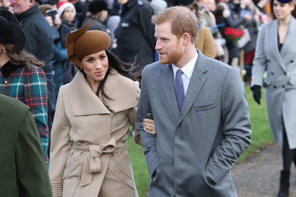 <p>Meghan Markle and Prince Harry attending Christmas Day church service at the Church of St. Mary Magdalene in 2017. </p>