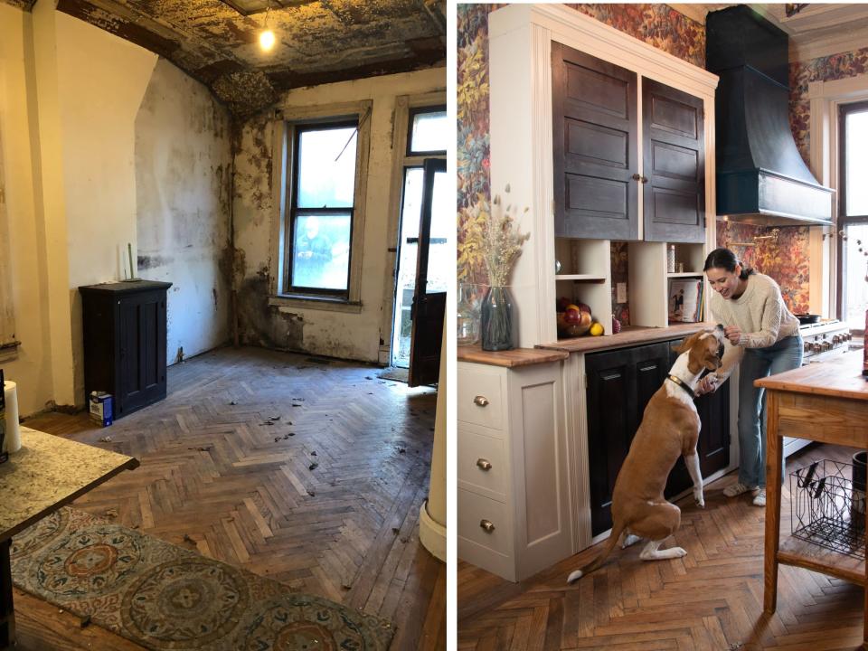 Left: Damp and neglected kitchen of a Victorian house, Right: Renovated kitchen of a Victorian house with happy owner.