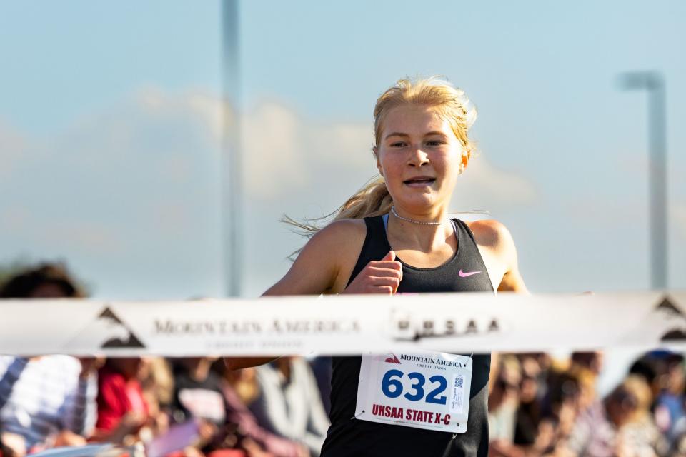 Lone Peak High’s Andie Aagard crosses the finish line, taking first place in the 6A state high school cross-country championships, at the Regional Athletic Complex in Salt Lake City on Tuesday, Oct. 24, 2023. On Saturday, Aagard paced the Lone Peak girls team to a fourth-place finish in the prestigious Nike Cross Nationals in Portland, Oregon. | Megan Nielsen, Deseret News