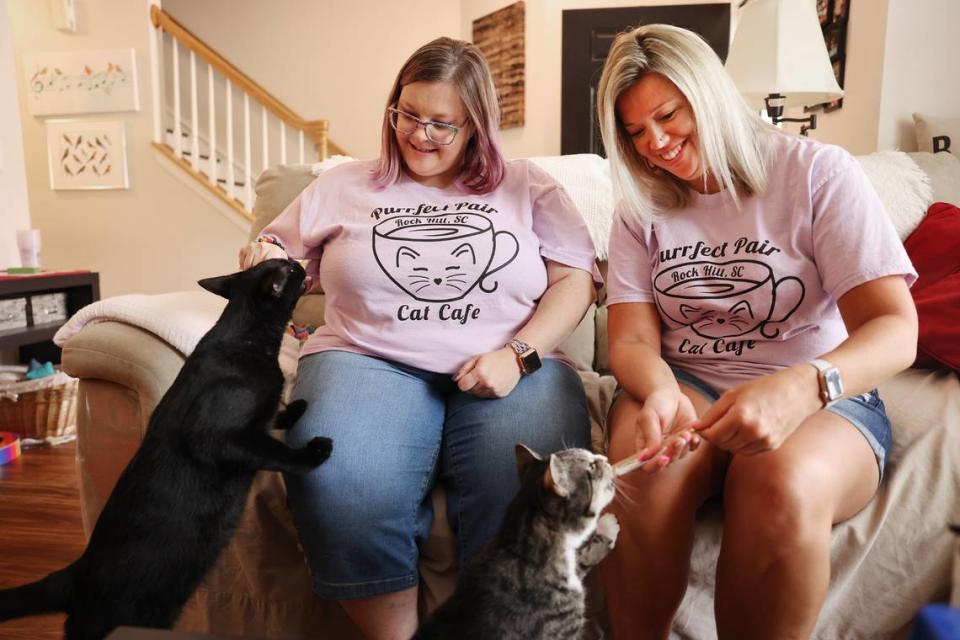 Owner of the Purrfect Pair Cat Cafe Inga Carey, left, and the cafe’s general manager Kallie Cromer give treats to Carey’s cats at her home.