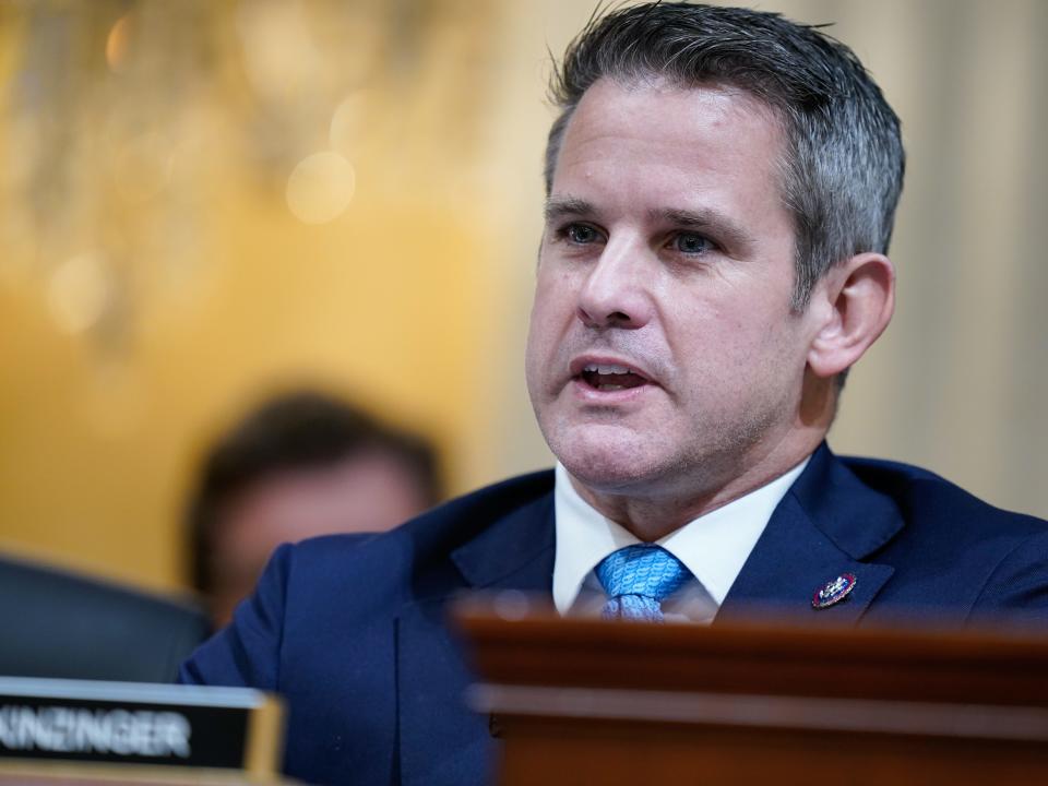 WASHINGTON, DC - July 21 : Rep. Adam Kinzinger (R-Ill.) is seen as the House select committee investigating the Jan. 6 attack on the U.S. Capitol holds a primetime hearing on Capitol Hill on Thursday, July 21, 2022 in Washington, DC. (Photo by Jabin Botsford/The Washington Post via Getty Images)