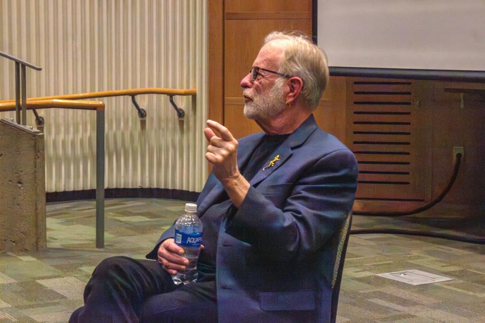 Scott MacDonald, chair of cinema and media studies at Hamilton College, leads a Q and A session at a recent campus "Philosophy of Film" event.