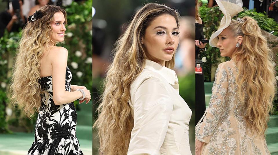 Allison Williams, Madelyn Cline, and Sarah Jessica Parker wear voluminous variations of the wavy hair trend at the 2024 Met Gala.