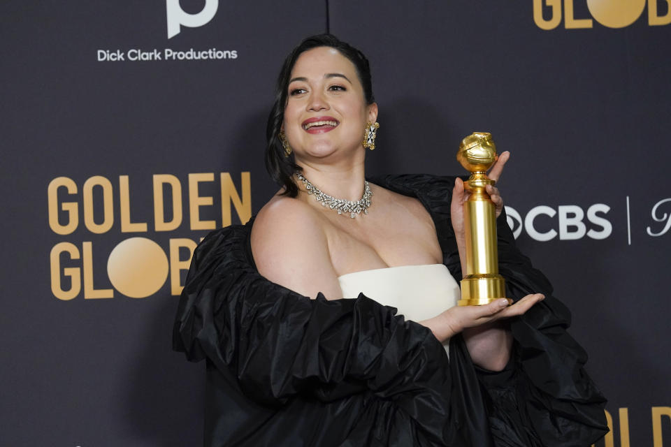 Lily Gladstone poses in the press room with the award for best performance by an actress in a motion picture, drama for "Killers of the Flower Moon" at the 81st Golden Globe Awards on Sunday, Jan. 7, 2024, at the Beverly Hilton in Beverly Hills, Calif. (AP Photo/Chris Pizzello)