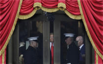 <p>President-elect Donald Trump waits to stop out onto the portico for his Presidential Inauguration at the U.S. Capitol in Washington, Friday, Jan. 20, 2017. (Photo: Patrick Semansky/AP) </p>